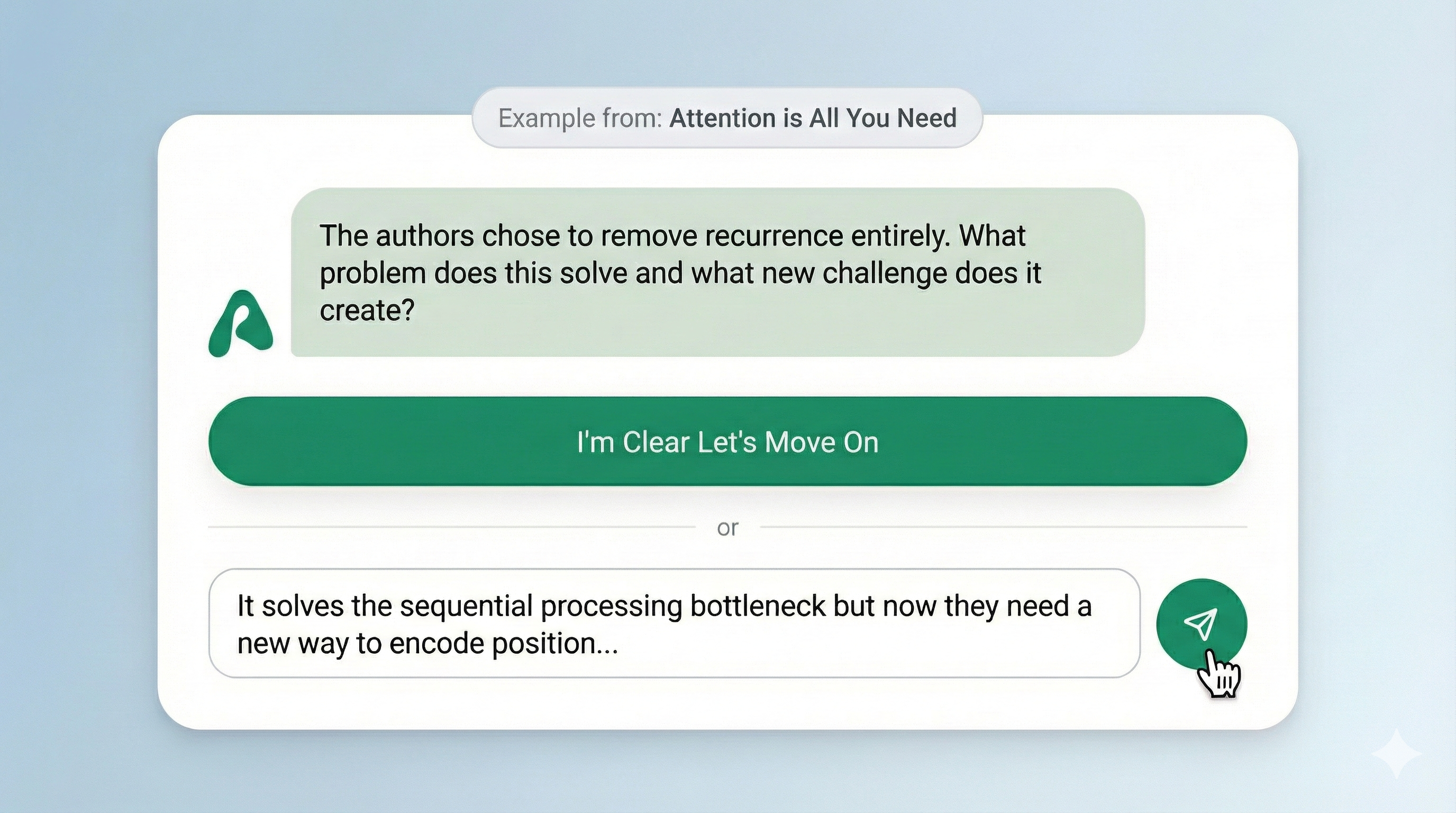 Arioso Socratic dialogue example — a guided conversation about the Attention Is All You Need paper